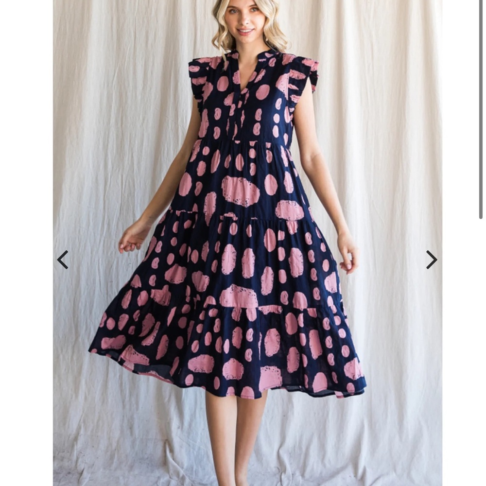 JODIFL Spotted Pink and Navy Blue Midi Dress Women’s Size Large NWT